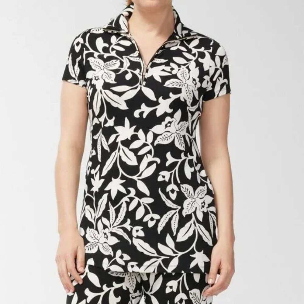 NWT Chicos Travelers Zip Turtleneck White Black Floral Blouse Tunic Top 2 L